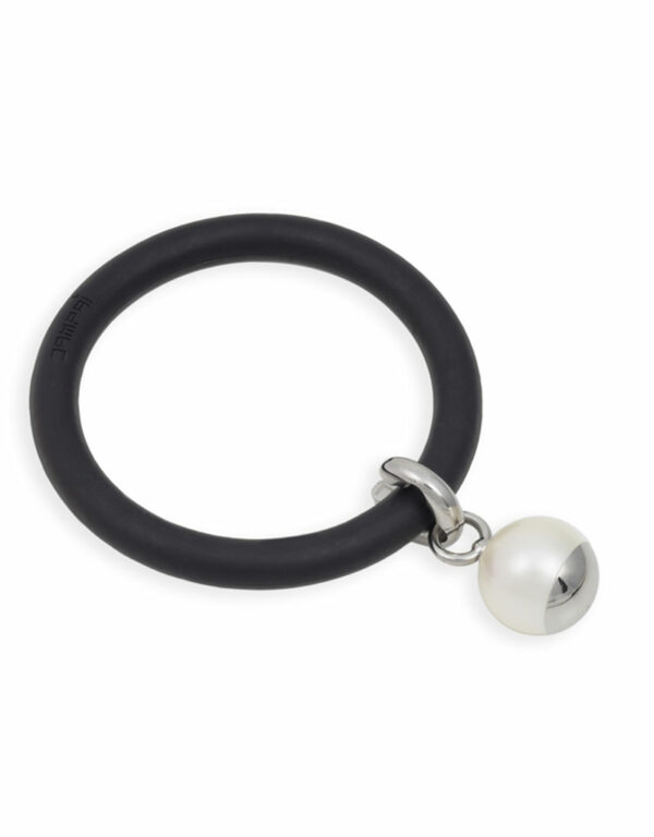 Braccialetto LOVEJOY in silicone nero con pendente in acciaio e sfera intercambiabili metallizzate e perlata colore Bianco Dampaì