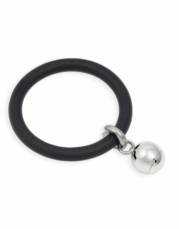 Braccialetto LOVEJOY in silicone nero con pendente in acciaio e sfera intercambiabili metallizzate e perlata colore Nikel Dampaì